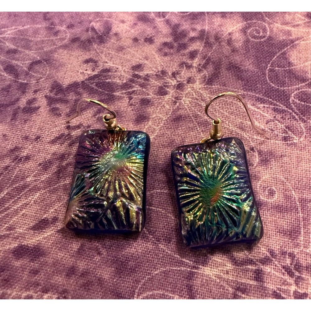 Womens Rectangle Earrings Blue Iridescent Dichroic Art Glass Drop Artsy Boho